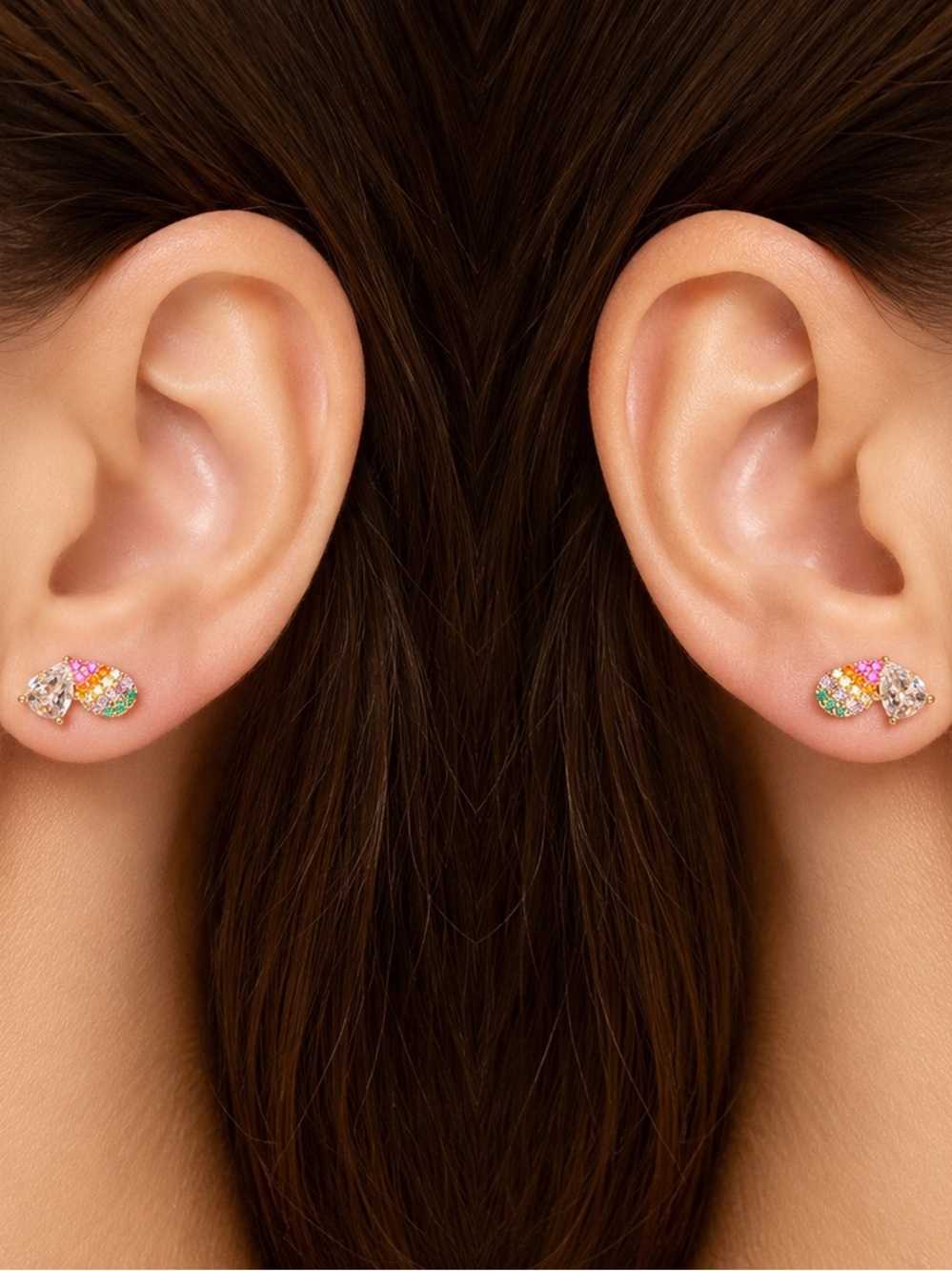 18k Gold Filled Multicolor Cubic Zirconia Teardrop Stud Earrings - Women Jewelry